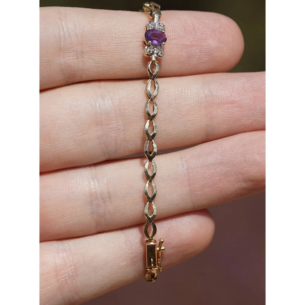 Vintage 14k Solid Yellow Gold Natural Amethyst & Diamond Tennis Bracelet - 5.23g
